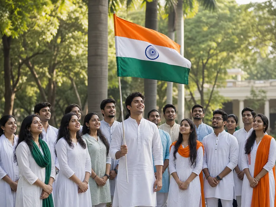 Students celebrating Independence Day with the Indian flag