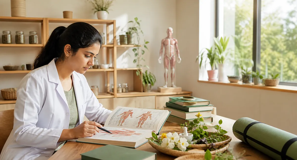 BNYS student studying anatomy, herbal science and yoga